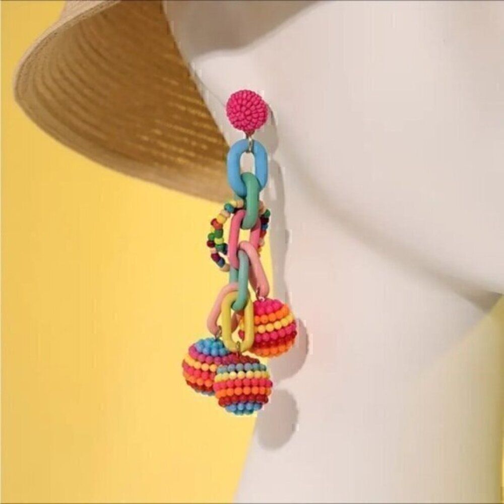 Colorful  Pom Pom Tassel Earrings Beach Vacation
